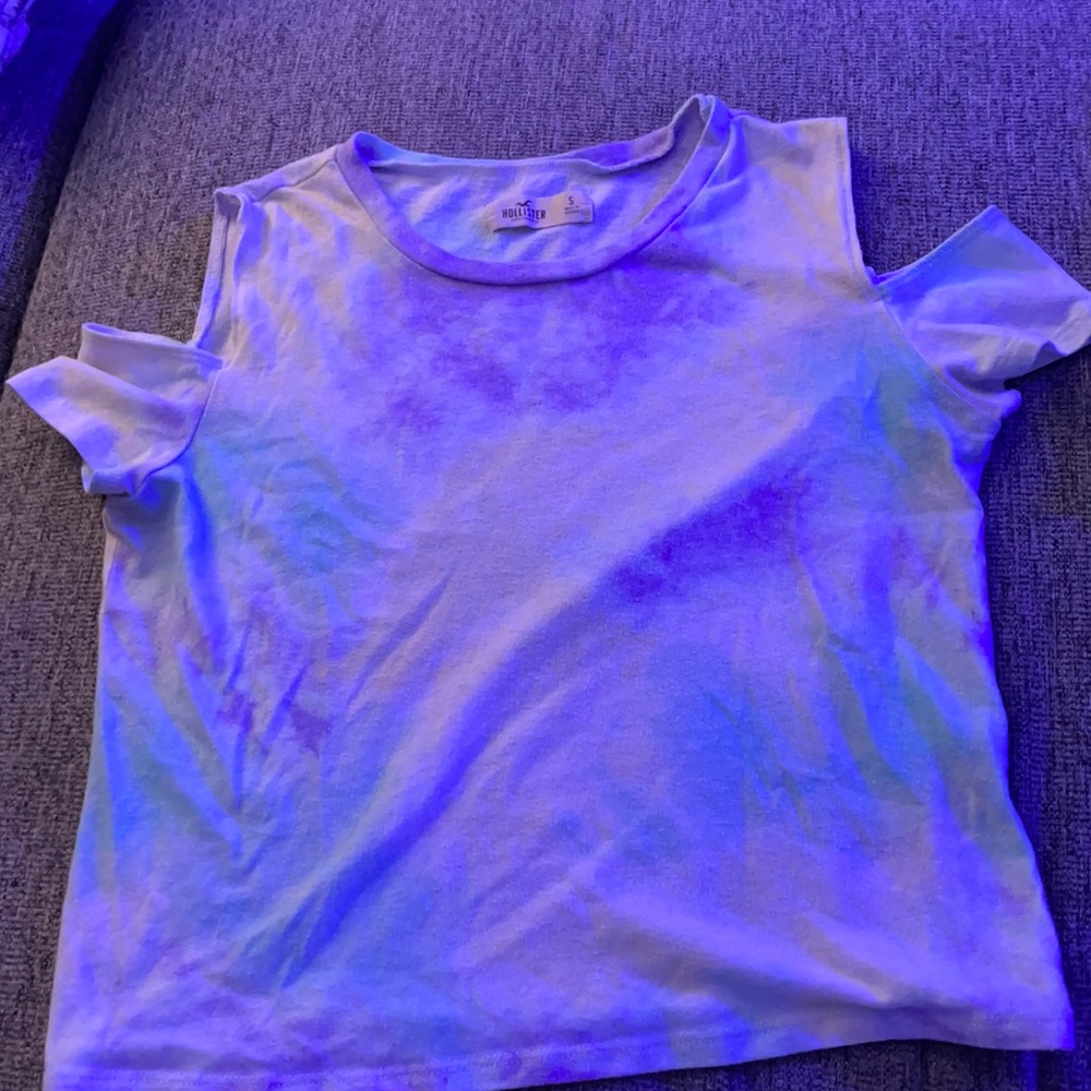 Off the shoulder tie dye top: purple blue and white